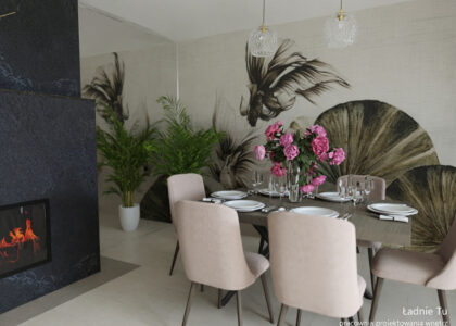 Projekt wnętrza salonu z aneksem kuchennym w Zduńskiej Woli Karsznice woj łódzkie projektant wnętrz