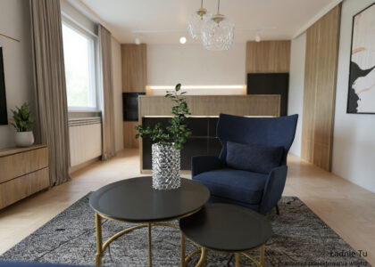 Projekt wnętrza salonu z aneksem kuchennym w Zduńskiej Woli Karsznice woj łódzkie projektant wnętrz