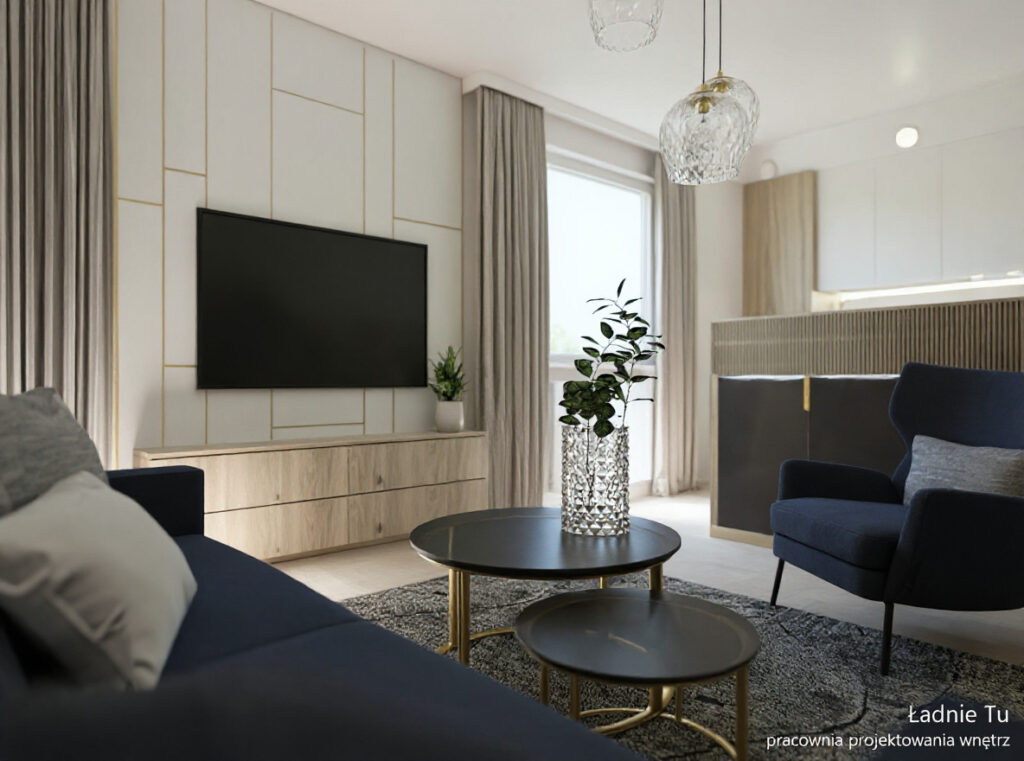 Projekt wnętrza salonu z aneksem kuchennym w Zduńskiej Woli Karsznice woj łódzkie projektant wnętrz