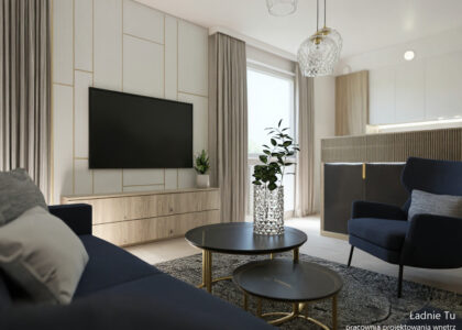 Projekt wnętrza salonu z aneksem kuchennym w Zduńskiej Woli Karsznice woj łódzkie projektant wnętrz