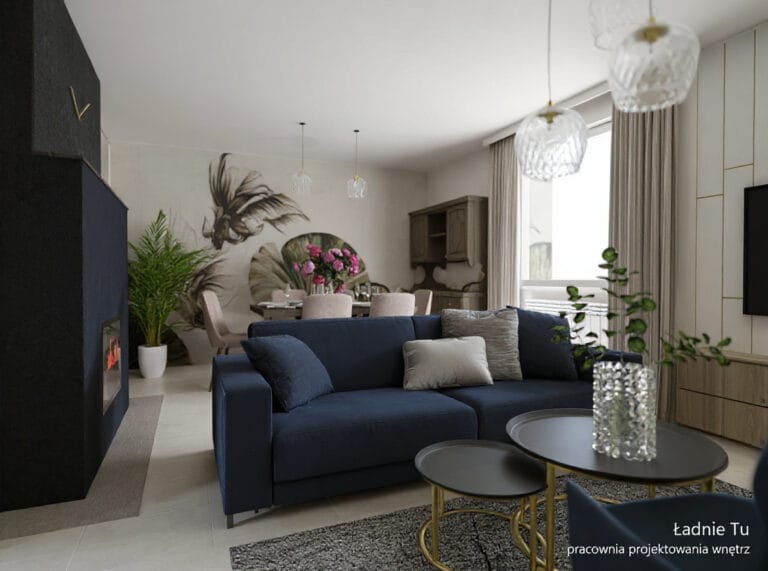 Projekt wnętrza salonu z aneksem kuchennym w Zduńskiej Woli Karsznice woj łódzkie projektant wnętrz