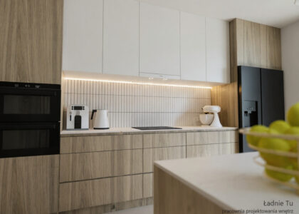 Projekt wnętrza salonu z aneksem kuchennym w Zduńskiej Woli Karsznice woj łódzkie projektant wnętrz