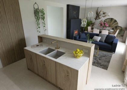 Projekt wnętrza salonu z aneksem kuchennym w Zduńskiej Woli Karsznice woj łódzkie projektant wnętrz