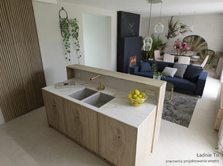 Projekt wnętrza salonu z aneksem kuchennym w Zduńskiej Woli Karsznice woj łódzkie projektant wnętrz